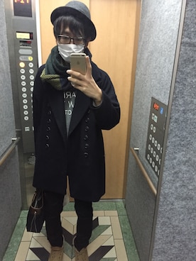 「SHAREEF（シャリーフ）のアイテム（ピーコート）」を使った、ヒトソさん（メンズ・172cm）の冬コーディネート