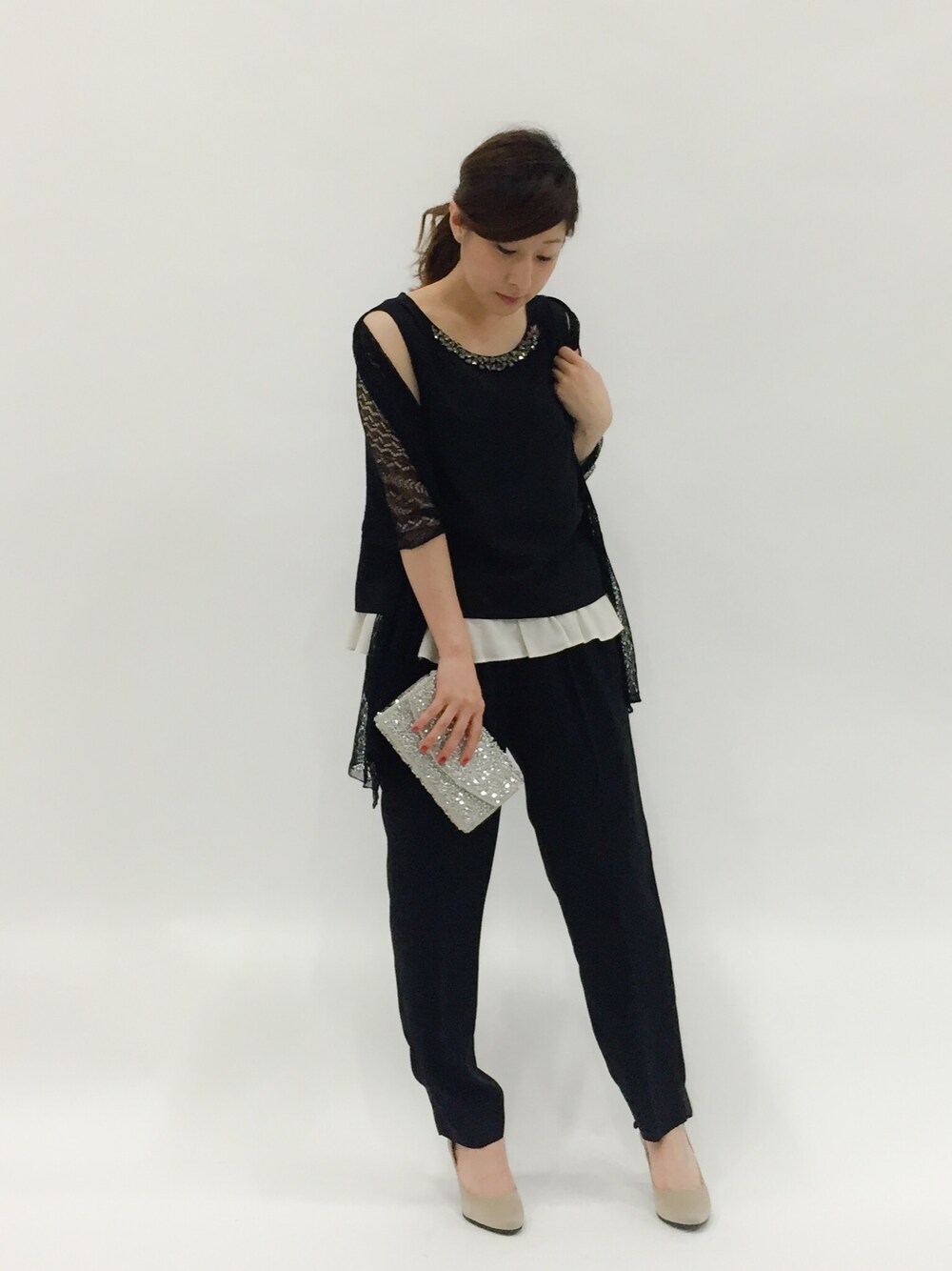 「オールインワン、パーティースタイル、二次会、結婚式二次会スタイル、低身長」｜「KhajuのKhaju:3WAYビジューオールインワン□（つなぎ/オールインワン、ブラック系）」を使った、Kさん（レディース・150cm）の夏コーディネートの1枚目の写真