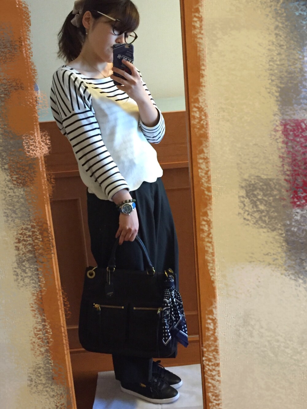 「カジュアル、ボーダー」｜「w closetのアイテム（トップス、ホワイト系）」を使った、あべちゃんさん（レディース・160cm）の春コーディネートの1枚目の写真