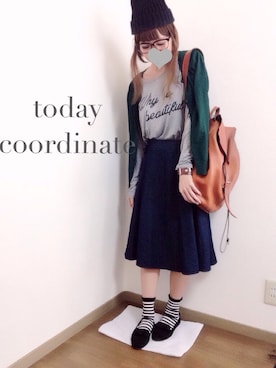 「緑のカーディガン」｜「アイテム（その他）」を使った、i-waさん（レディース・151cm）の秋コーディネート