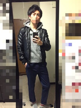 「AZUL（アズール）のアイテム（ライダースジャケット）」を使った、大輔さん（メンズ・181cm）の冬コーディネート