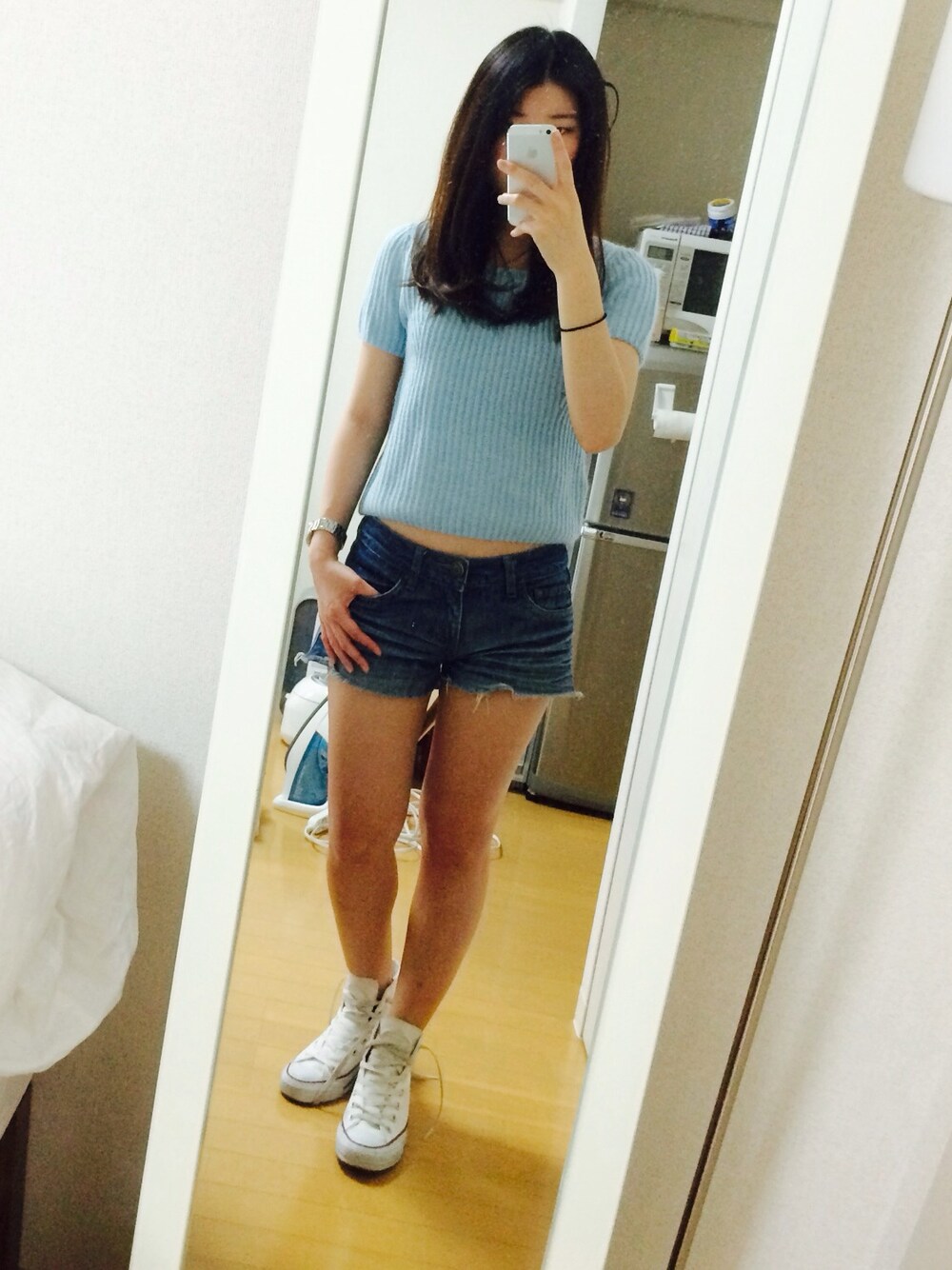 「コンバース、TOPSHOP」｜「TOPSHOPのアイテム（Tシャツ/カットソー、ブルー系）」を使った、Mariiiiさん（レディース・154cm）の夏コーディネートの1枚目の写真