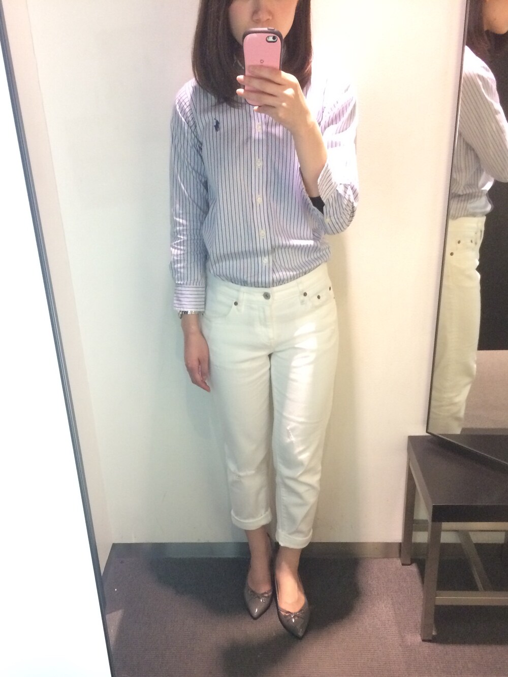「POLO RALPH LAURENのアイテム（シャツ/ブラウス、ブルー系）」を使った、Mariiiiさん（レディース・154cm）の春コーディネートの1枚目の写真
