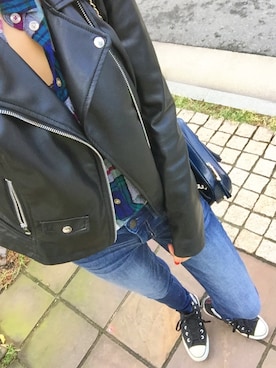 「シャツイン」｜「アイテム（ライダースジャケット）」を使った、Honamoon🌙さん（レディース・167cm）の冬コーディネート