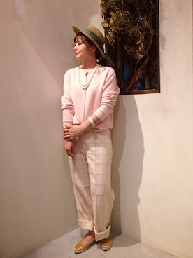 「麦わら帽子」｜「アイテム（スウェット）」を使った、古着屋RAINBOWさん（レディース・158cm）の春コーディネート