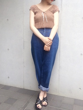 「アイテム（トップス、ブラウン系）」を使った、古着屋RAINBOWさん（レディース・155cm）の夏コーディネート