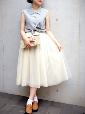 「VINTAGE（ヴィンテージ）のアイテム（スカート）」を使った、古着屋RAINBOWさん（レディース・155cm）の夏コーディネート