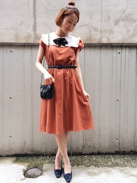 「アイテム（ワンピース、オレンジ系）」を使った、古着屋RAINBOWさん（レディース・155cm）の夏コーディネート