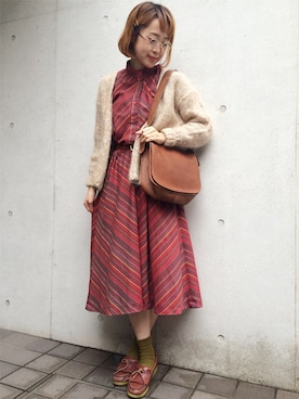 「VINTAGE（ヴィンテージ）のアイテム（ワンピース）」を使った、古着屋RAINBOWさん（レディース・155cm）の秋コーディネート