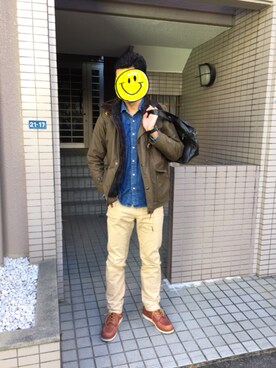 「GU（ジーユー）のアイテム（シャツ/ブラウス、ブルー系）」を使った、ｙｕさん（メンズ・182cm）の冬コーディネート