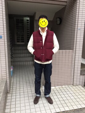 「OLD NAVY（オールドネイビー）のアイテム（ダウンベスト、レッド系）」を使った、ｙｕさん（メンズ・182cm）の冬コーディネート