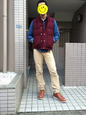 「OLD NAVY（オールドネイビー）のアイテム（ダウンベスト、レッド系）」を使った、ｙｕさん（メンズ・182cm）の春コーディネート