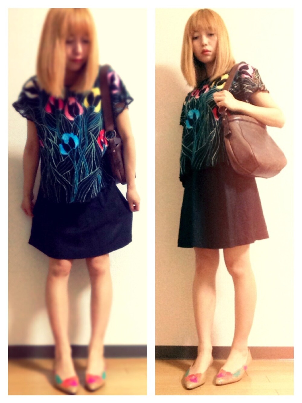 ブラック系のチュニック、ベージュ系のパンプスを着用したレディースの夏コーディネートの1枚目の写真