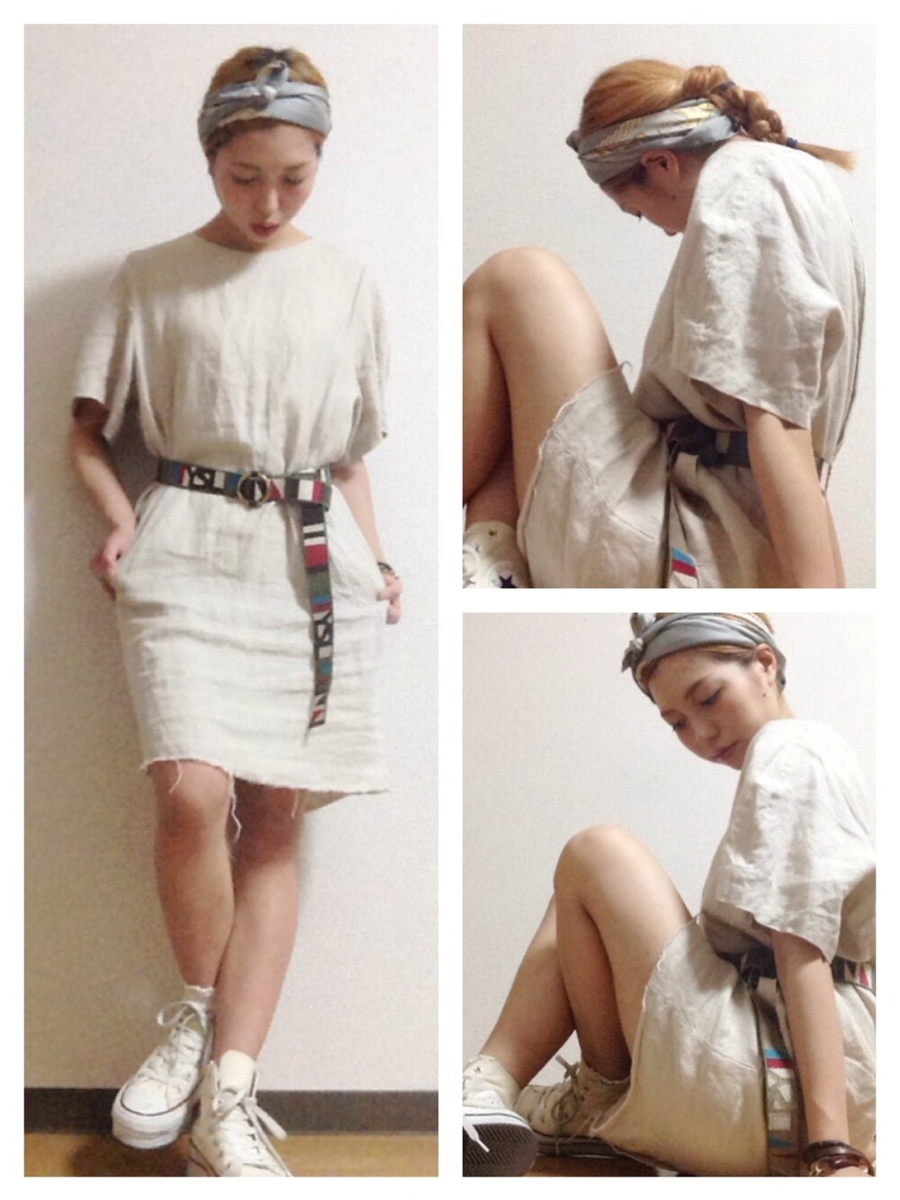 グリーン系のベルト、ブルー系のブレスレットを着用したレディースの夏コーディネートの1枚目の写真