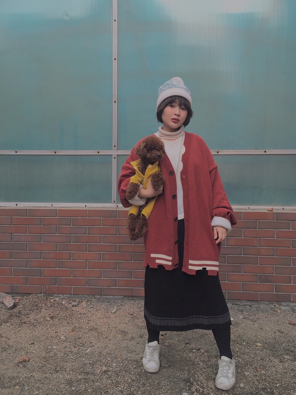 「Chanel Vintageのアイテム（キャップ、ブルー系）」を使った、小乌兰さん（レディース・153cm）の秋コーディネートの1枚目の写真