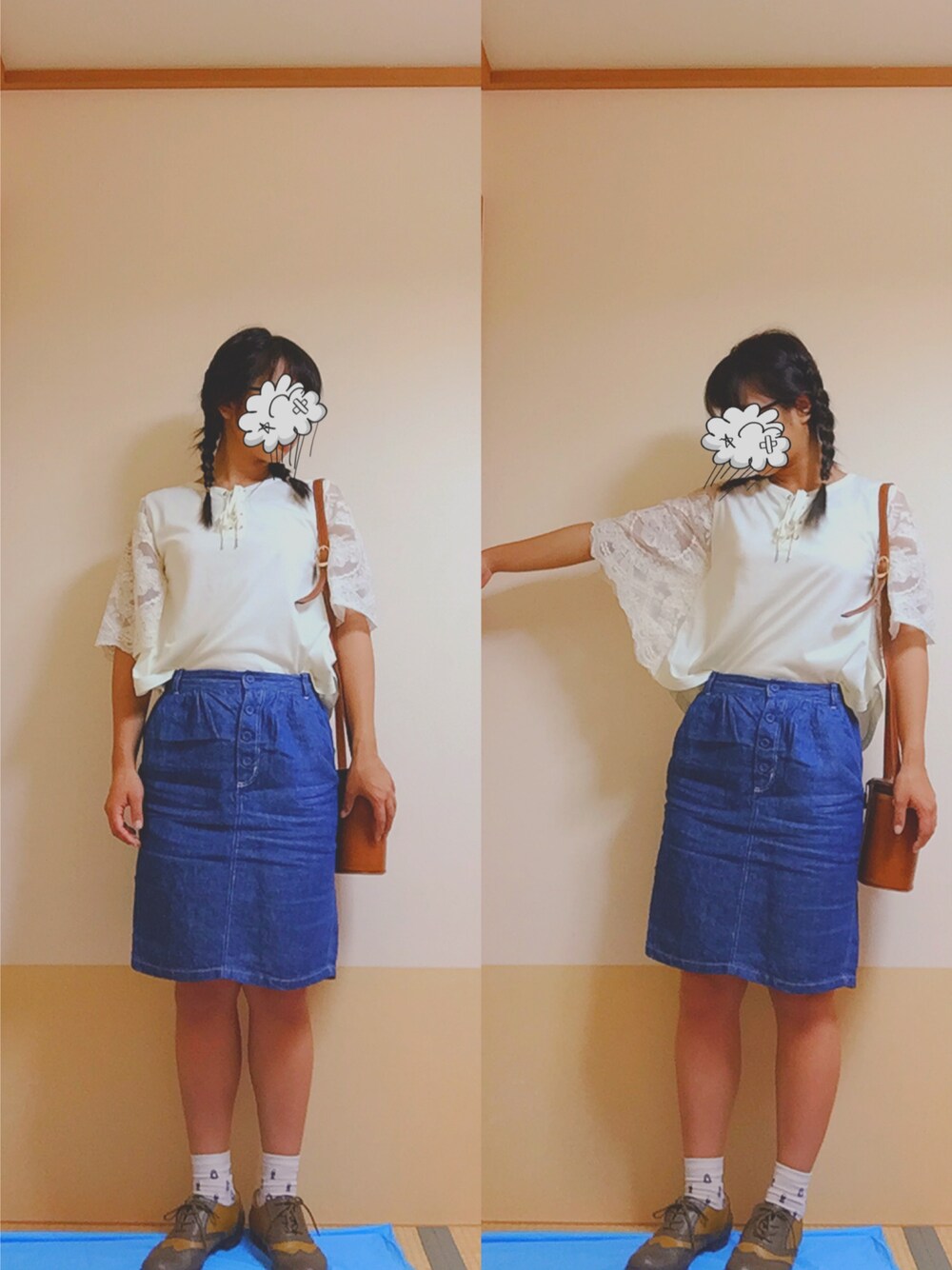 「レース、みつあみヘアー、タイトスカート、ポンチョ型、ぶらり」｜「paravionのアイテム（Tシャツ/カットソー、ベージュ系）」を使った、胡椒さん（レディース・158cm）の秋コーディネートの1枚目の写真