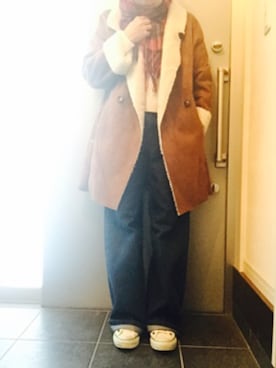 「チェックマフラー」｜「アイテム（ムートンコート）」を使った、サオルさん（レディース・153cm）の冬コーディネート