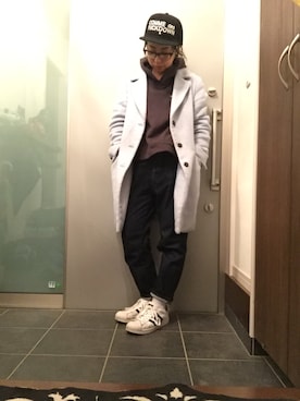 「水色」｜「アイテム（チェスターコート）」を使った、サオルさん（レディース・153cm）の冬コーディネート