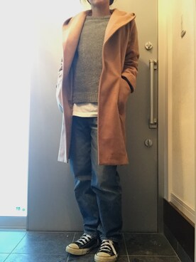 「グレーニット」｜「アイテム（その他アウター）」を使った、サオルさん（レディース・153cm）の冬コーディネート