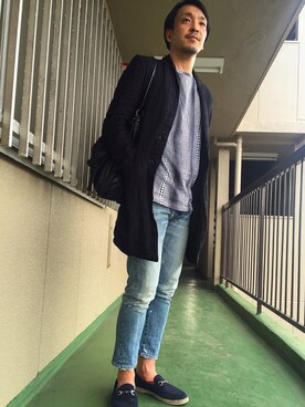 「Tシャツ×デニム」｜「アイテム（チェスターコート）」を使った、hirunさん（メンズ・173cm）の春コーディネート
