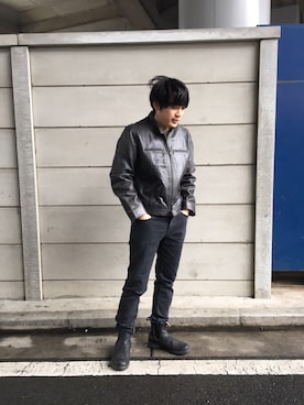 「長靴」｜「アイテム（ライダースジャケット）」を使った、RYOさん（メンズ・162cm）の春コーディネート