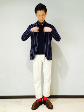 「ブルー x ホワイト」｜「アイテム（その他シューズ）」を使った、uedamitsuruさん（メンズ・168cm）の冬コーディネート