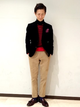 「ボーダーニット」｜「アイテム（ジャケット/アウター）」を使った、uedamitsuruさん（メンズ・168cm）の冬コーディネート