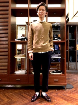 「アイテム（ドレスシューズ、ブラウン系）」を使った、uedamitsuruさん（メンズ・168cm）の秋コーディネート