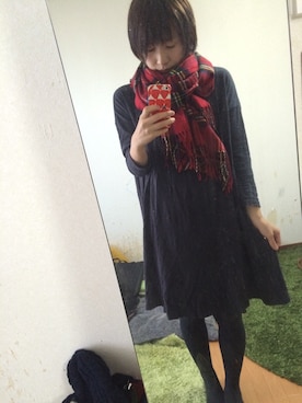 「赤チェック」｜「アイテム（チュニック）」を使った、みゆひな2さん（レディース・166cm）の秋コーディネート