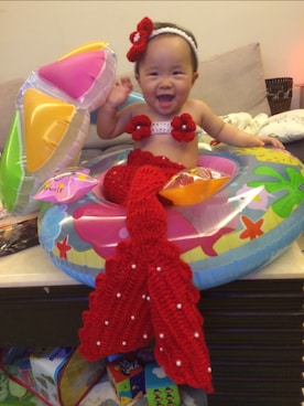 「アイテム（水着、レッド系）」を使った、Mikasaさん（キッズ・70cm）の夏コーディネート