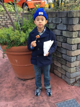 「How to Kiss a Frog（ハウトゥキスアフロッグ）のアイテム」を使った、MonkeyKOUさん（キッズ・120cm）の秋コーディネート