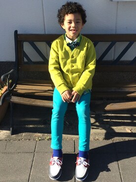 「BRANSHES（ブランシェス）のアイテム（カーディガン/ボレロ、グリーン系）」を使った、MonkeyKOUさん（キッズ）の春コーディネート