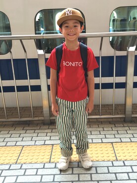 「NEW ERA（ニューエラ）のNEWERA 59FIFTY CAP NEW YORK YANKEES UNDERVISOR NEW YORK WHEAT（キャップ、ベージュ系）」を使った、MonkeyKOUさん（キッズ）の夏コーディネート