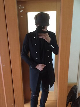 「NO ID.（ノーアイディ）のアイテム（チェスターコート）」を使った、黒熊さん（メンズ・178cm）の秋コーディネート