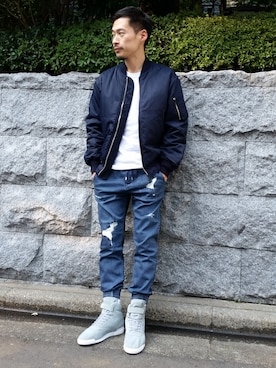「スエードシューズ」｜「アイテム（ブルゾン）」を使った、Masaki Meguroさん（メンズ・171cm）の冬コーディネート