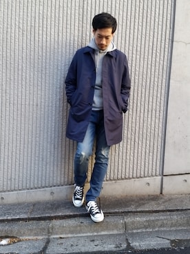 「クラッシュデニム」｜「アイテム（ステンカラーコート）」を使った、Masaki Meguroさん（メンズ・171cm）の冬コーディネート