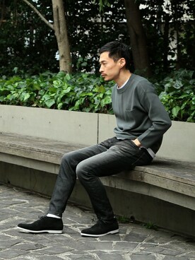 「BEAUTY&YOUTH UNITED ARROWS（ビューティーアンドユースユナイテッドアローズ）のBY ミラノリブ クルーネックニット（ニット/セーター、グリーン系）」を使った、Masaki Meguroさん（メンズ・171cm）の春コーディネート