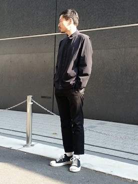 「BEAUTY&YOUTH UNITED ARROWS（ビューティーアンドユースユナイテッドアローズ）の【WEB限定】by ∴ チノ アンクル テーパードパンツ（チノパンツ、ブラック系）」を使った、Masaki Meguroさん（メンズ・171cm）の春コーディネート