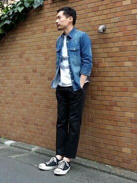 「BEAUTY&YOUTH UNITED ARROWS（ビューティーアンドユースユナイテッドアローズ）の【WEB限定】by ∴ ウエスタン デニムシャツ 7スリーブ（シャツ/ブラウス、ブルー系）」を使った、Masaki Meguroさん（メンズ・171cm）の春コーディネート