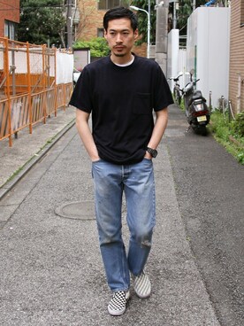 「BEAUTY&YOUTH UNITED ARROWS（ビューティーアンドユースユナイテッドアローズ）のby ∴ エアスラブ ワイド Tシャツ（Tシャツ/カットソー、ブラック系）」を使った、Masaki Meguroさん（メンズ・171cm）の春コーディネート