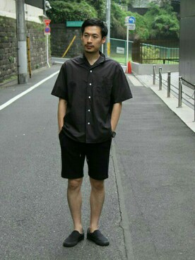 「BEAUTY&YOUTH UNITED ARROWS（ビューティーアンドユースユナイテッドアローズ）のBY タイプライター オープンカラー フォルム ショートスリーブ シャツ（シャツ/ブラウス、ブラック系）」を使った、Masaki Meguroさん（メンズ・171cm）の夏コーディネート