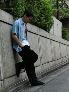 「Steven Alan（スティーブンアラン）の＜Steven Alan＞ BLEACH DENIM REVERSE SEAM SSL/ｼｬﾂ（シャツ/ブラウス、ブルー系）」を使った、Masaki Meguroさん（メンズ・171cm）の夏コーディネート