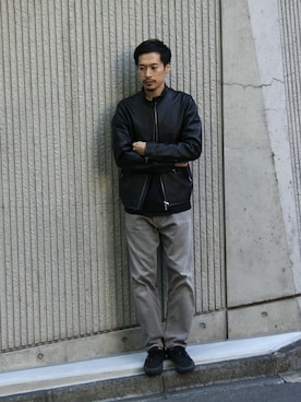 「BEAUTY&YOUTH UNITED ARROWS（ビューティーアンドユースユナイテッドアローズ）のBY シープ シングルライダース（ライダースジャケット、ブラック系）」を使った、Masaki Meguroさん（メンズ・171cm）の秋コーディネート