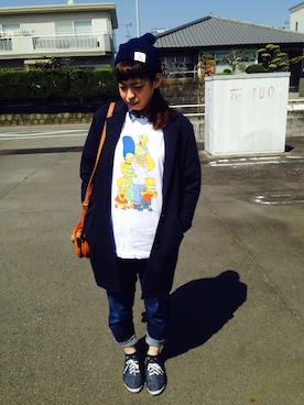 「Tシャツ×デニム」｜「アイテム（チェスターコート）」を使った、みーあに。さん（レディース・160cm）の春コーディネート