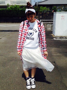 「アイテム（シャツワンピース、レッド系）」を使った、みーあに。さん（レディース・160cm）の春コーディネート