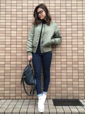 「へザー」｜「アイテム（MA-1）」を使った、sachiさん（レディース・154cm）の冬コーディネート