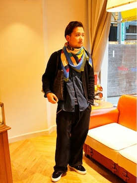 「Felisi（フェリージ）のトートバッグ11/91/SA（トートバッグ、ブルー系）」を使った、六本木店スタッフさん（メンズ・170cm）の冬コーディネート