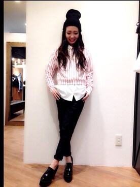 「シャツ×スウェット」｜「アイテム（ニットキャップ/ビーニー）」を使った、mamiさん（レディース・154cm）の冬コーディネート