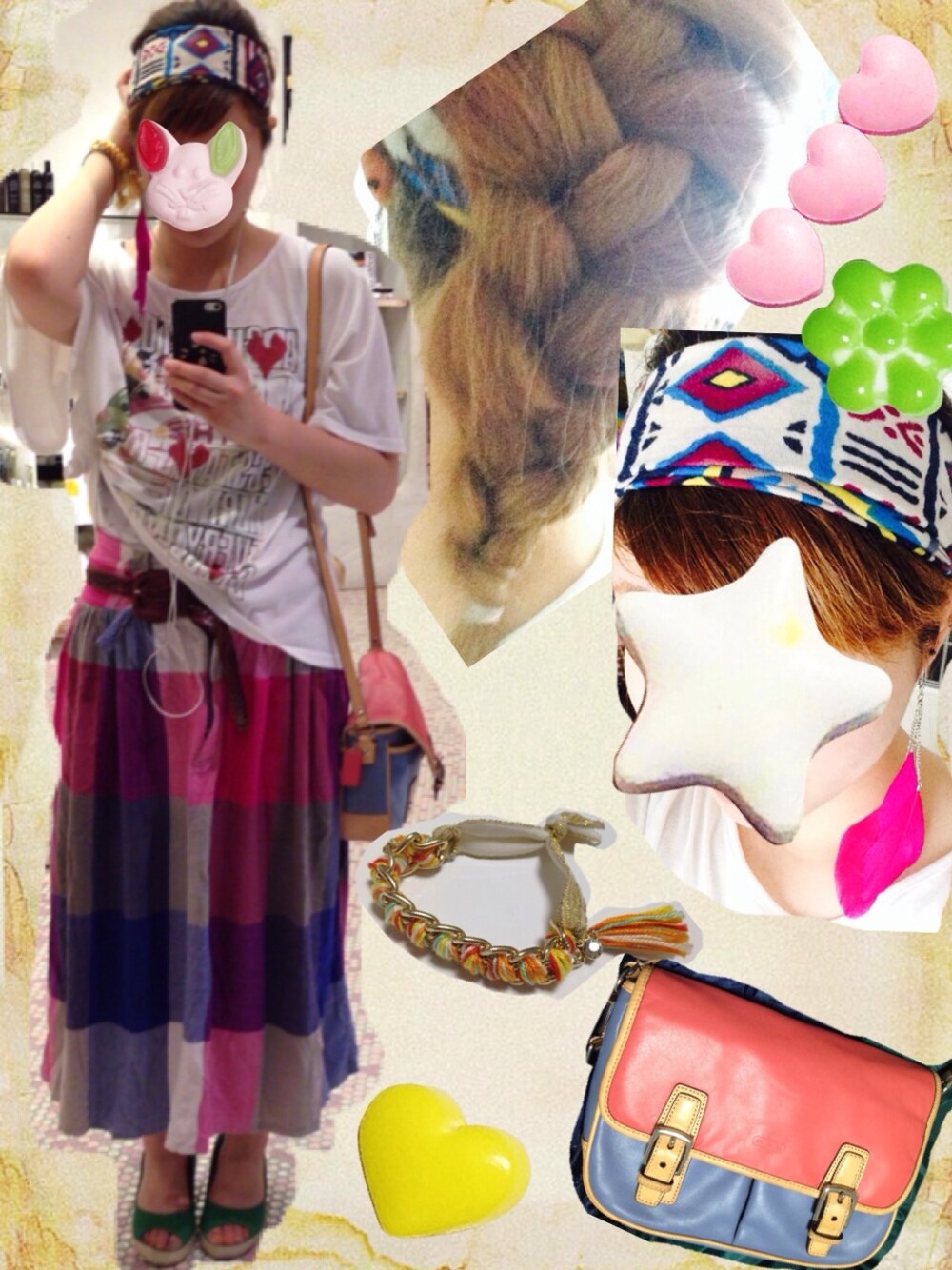 グリーン系のサンダル、ホワイト系のTシャツ/カットソー、パープル系のスカートを着用したレディースの夏コーディネートの1枚目の写真