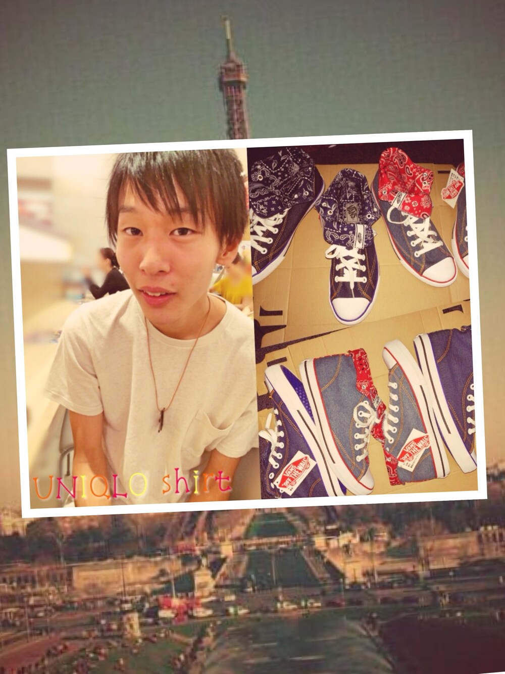 「ハイカットスニーカー、UNIQLO Tシャツ、UNIQLO、VANS、VANSのスニーカー、おそろい、ゆる、色違いで持ってます。」｜「アイテム（ネックレス、ブラウン系）」を使った、ゆうきさん（メンズ・182cm）の夏コーディネートの1枚目の写真